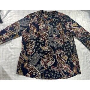 Elementz Women's Large Paisley Button-Down Blouse - Navy/Magenta/Gold